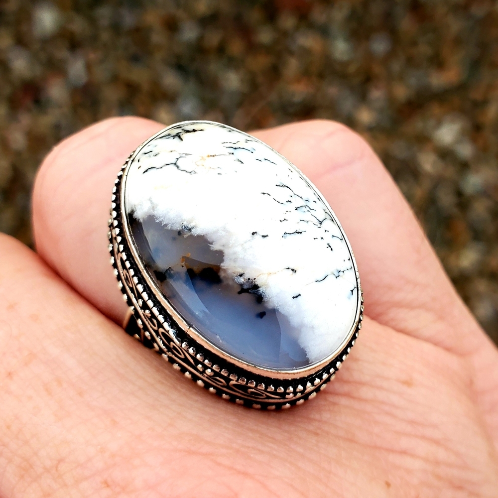 New Dendritic Opal 925 Silver Ring.